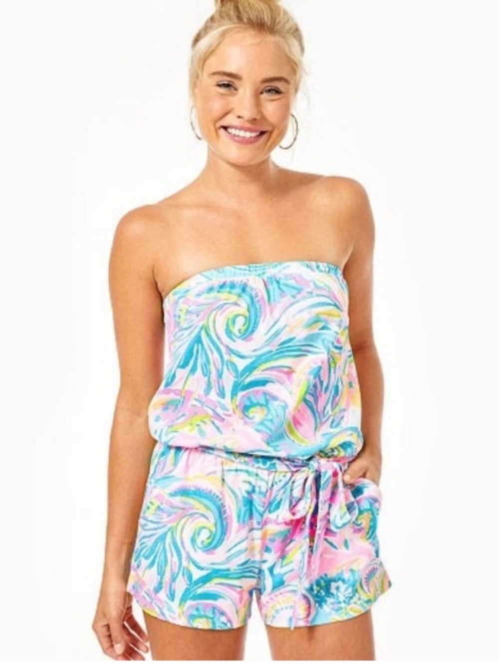 Lilly Pulitzer Multicolor Strapless Ritz Romper Pink Blue Swirl Large